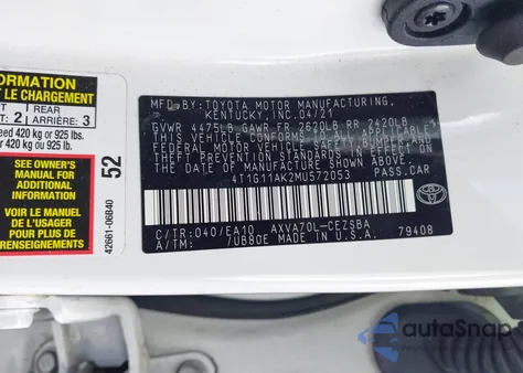 2021 Toyota Camry Se из США, поврежденный, VIN 4T1G11AK2MU572053